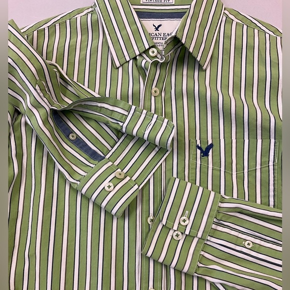 AMERICAN EAGLE Men’s Vintage Green Striped 100% Cotton Button Front Shirt, sz LG - Picture 5 of 10